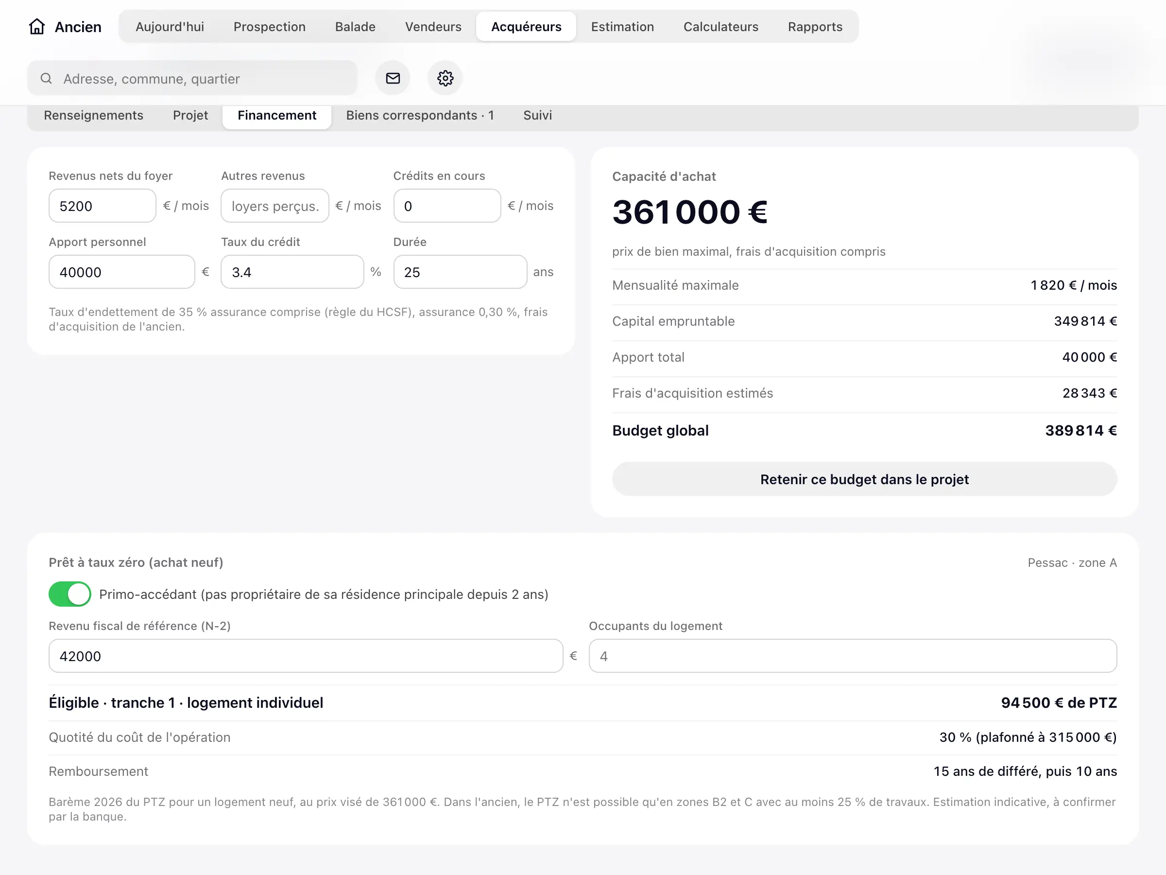 Fiche acquéreur d'Immo-CRM : capacité d'achat de 361 000 € et prêt à taux zéro de 94 500 € en zone A