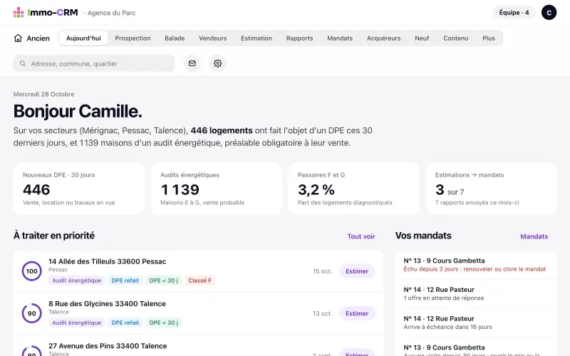 Écran d'accueil d'Immo-CRM : signaux de vente, adresses prioritaires et alertes des mandats (adresses fictives)