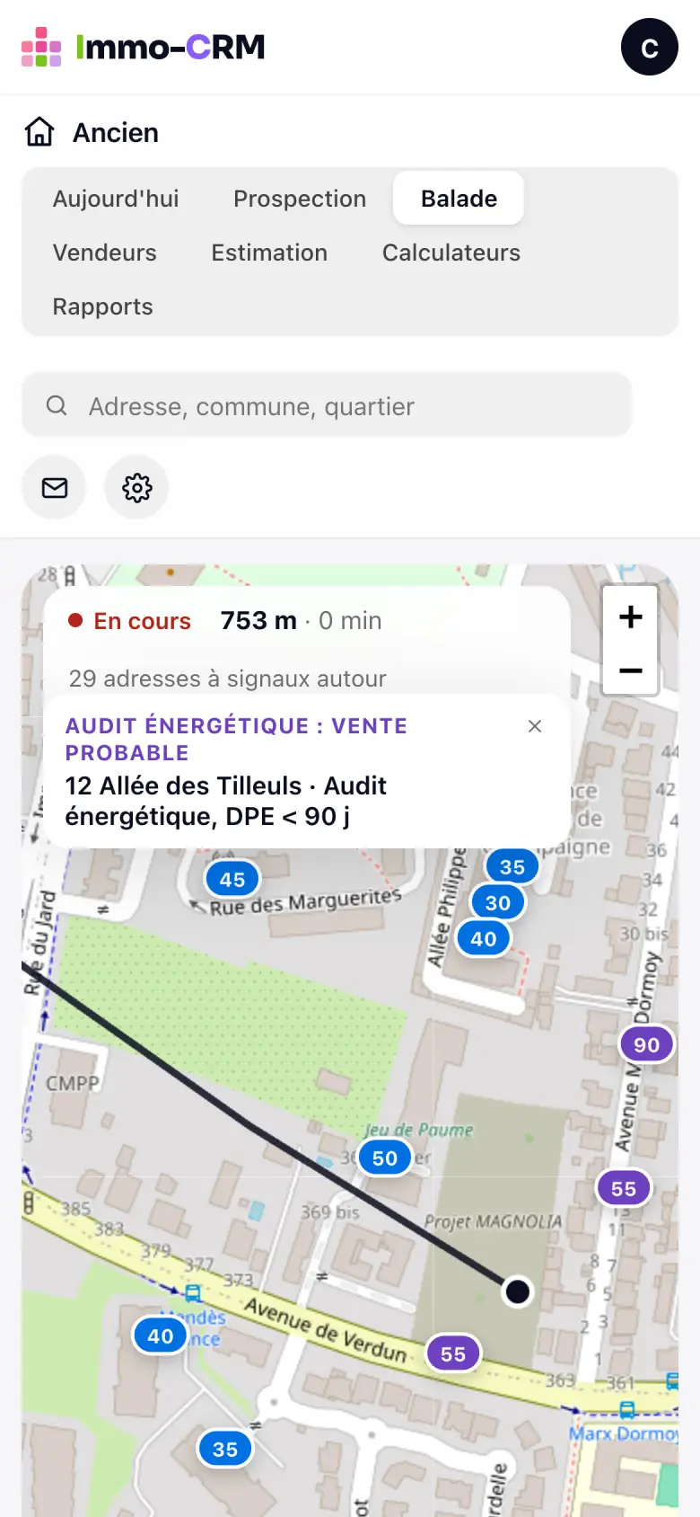 Balade de prospection Immo-CRM sur téléphone : alerte « Audit énergétique : vente probable » à l'approche d'une adresse