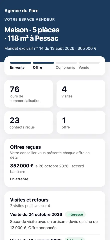 Espace vendeur sur téléphone : avancement de la vente, visites, contacts et offre reçue