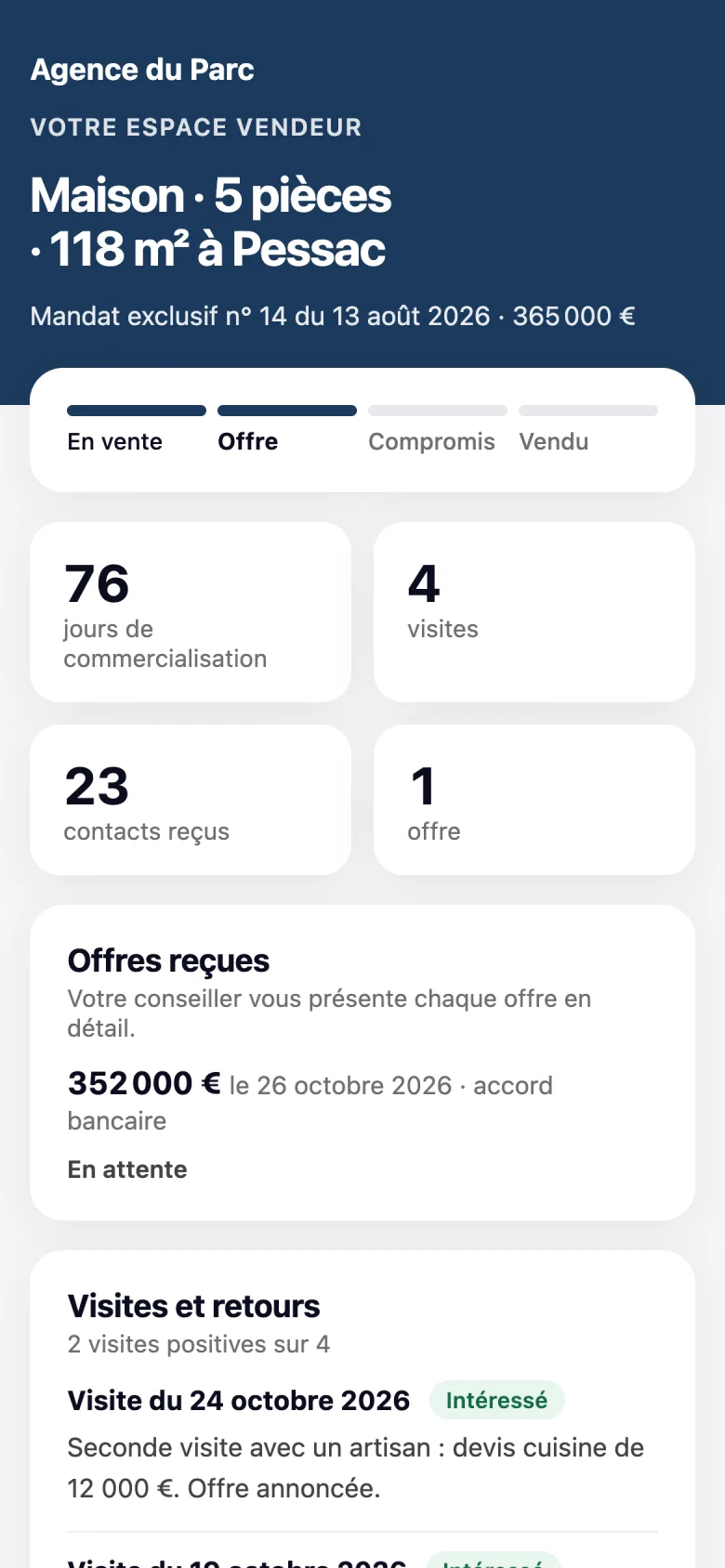 Espace vendeur sur téléphone : avancement de la vente, visites, contacts et offre reçue