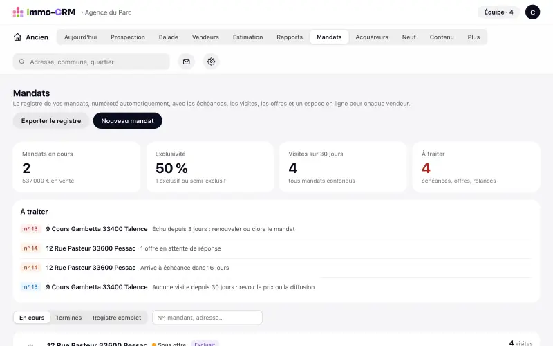 Registre des mandats d'Immo-CRM : mandats en cours, exclusivité, visites et alertes d'échéance