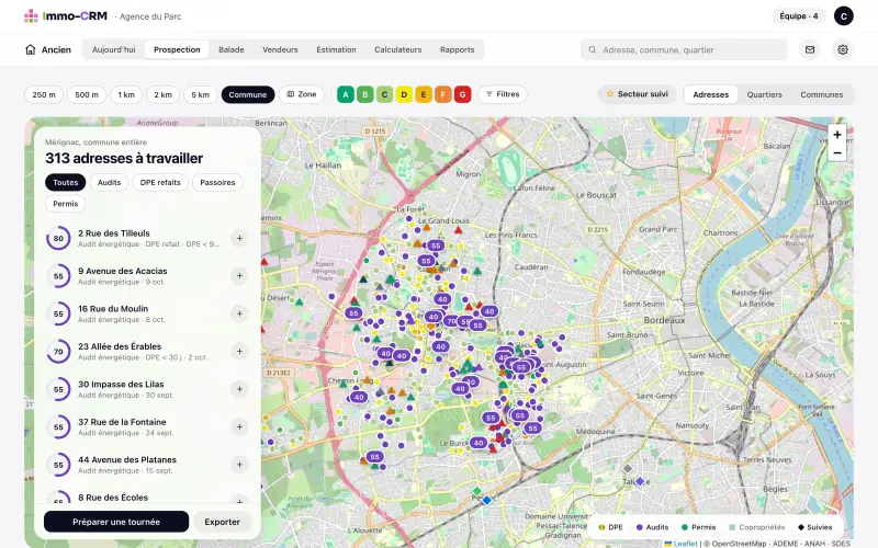 Carte de prospection d'Immo-CRM : adresses à travailler classées par score selon les audits énergétiques et les DPE