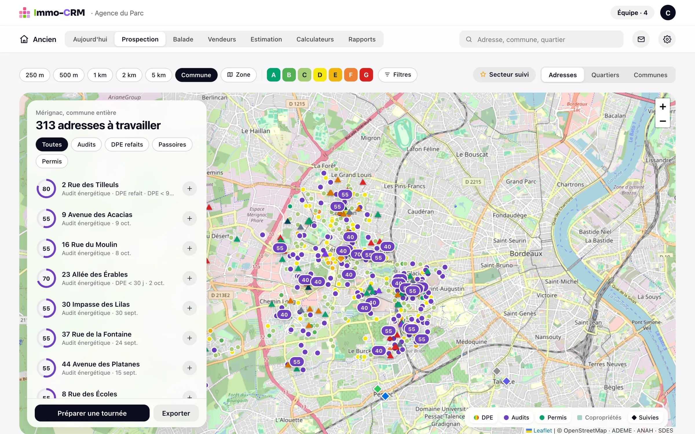 Carte de prospection d'Immo-CRM sur Mérignac : 313 adresses à travailler classées par score