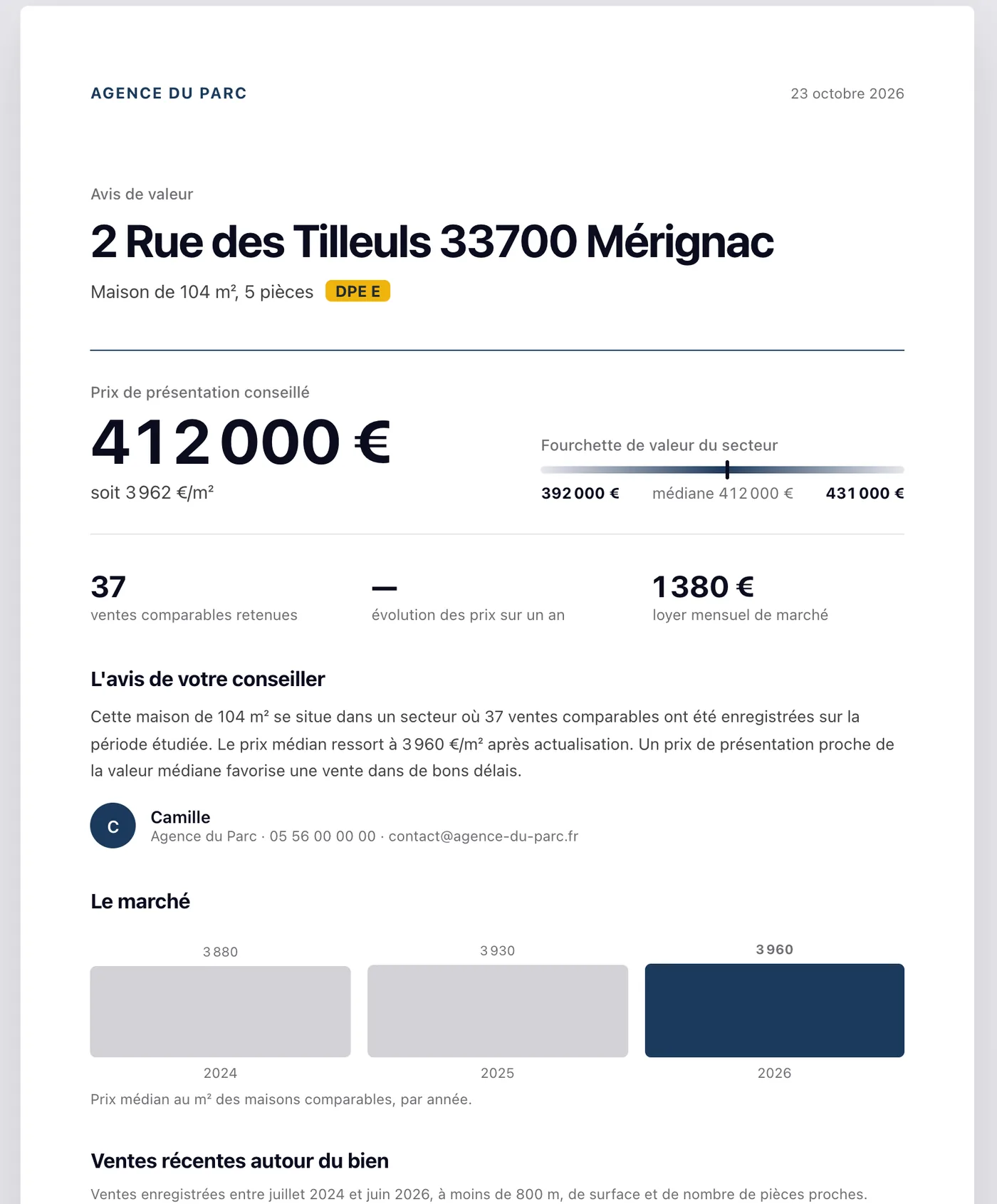 Avis de valeur d'Immo-CRM à la marque de l'agence : prix conseillé, fourchette du secteur et ventes comparables