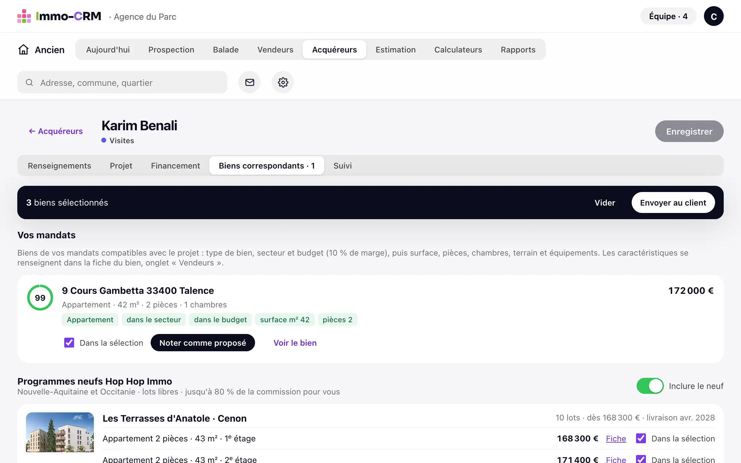 Biens correspondants d'un acquéreur dans Immo-CRM : un mandat de l'agence à 99/100 et des programmes neufs Hop Hop Immo