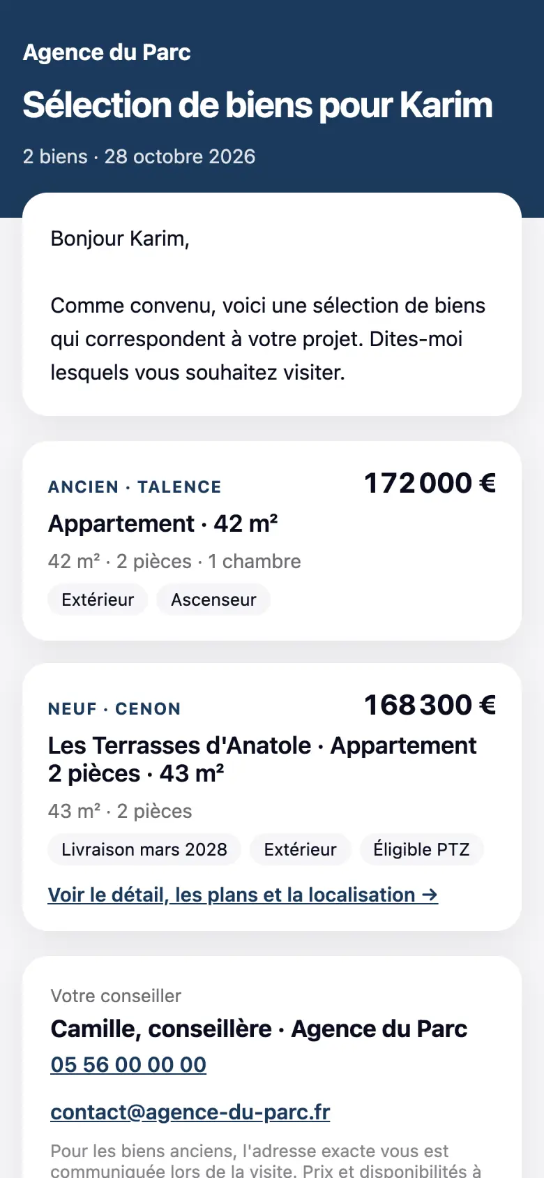 Sélection de biens reçue par un acquéreur sur son téléphone, à la marque de l'agence