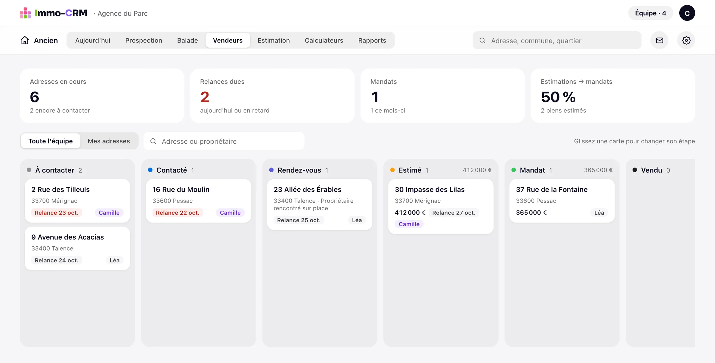 Suivi des vendeurs par étapes dans Immo-CRM, de « à contacter » à « mandat »